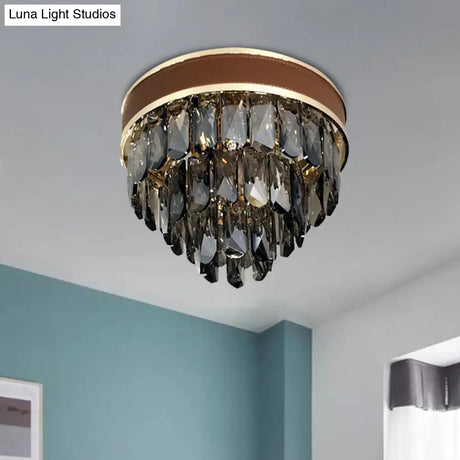 Smoke Gray Crystal Tiered Flush Mount Lamp - 6 Bulbs Modern Living Room Ceiling Light