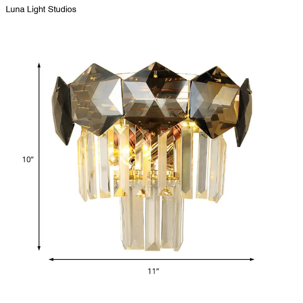 Smoke Gray Vintage Faceted Wall Sconce With Modernist Design - 2 Bulbs Light Fixture For Restaurants