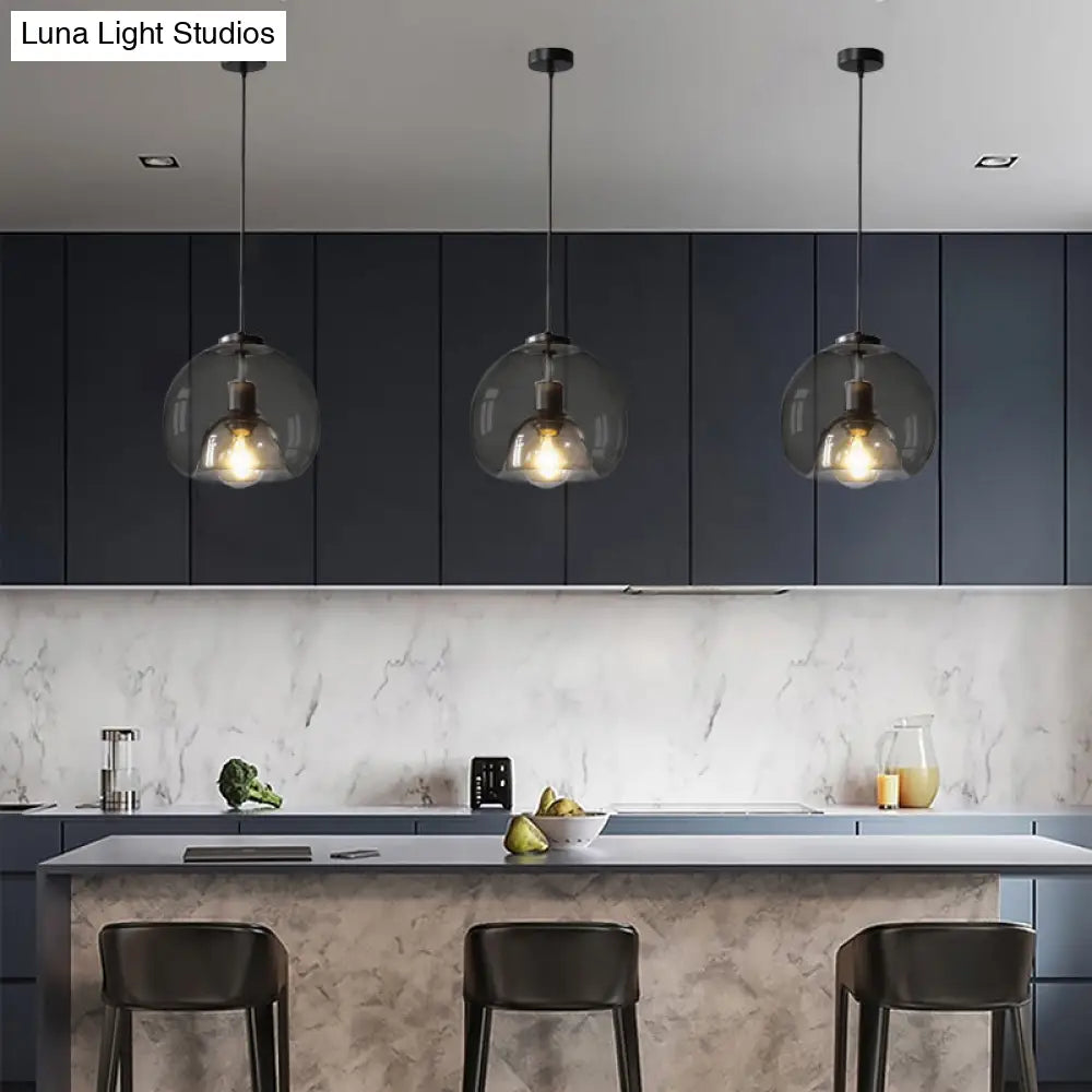 Smoke Grey Double Glass Suspension Pendant - 9 Inch Wide Modern Style Light Fixture For Bars