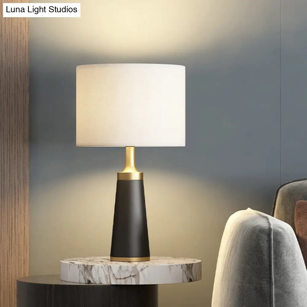 Modern Fabric Cylindrical Night Light: White Table Lamp With Metal Base