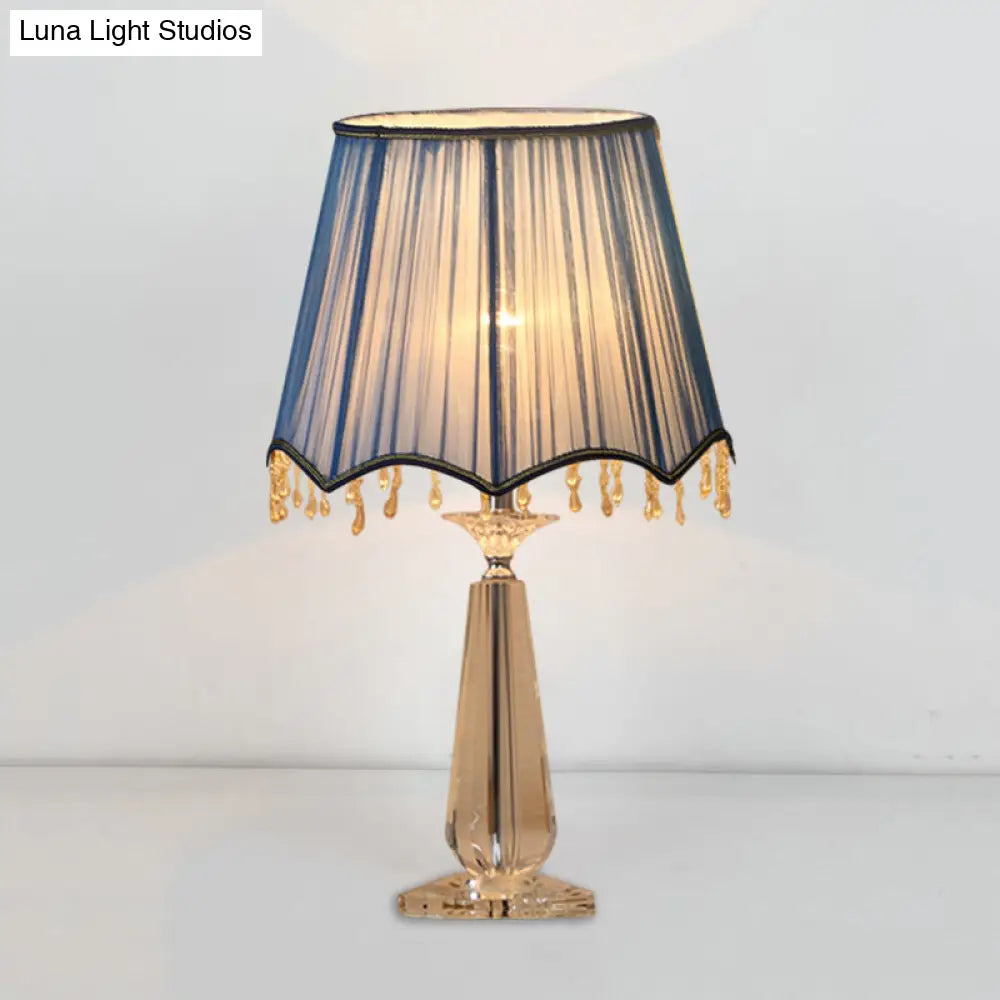 Traditional Fabric Scalloped Shade Nightstand Lamp - Red/Blue/Green/Beige 1 Head Crystal Table Light