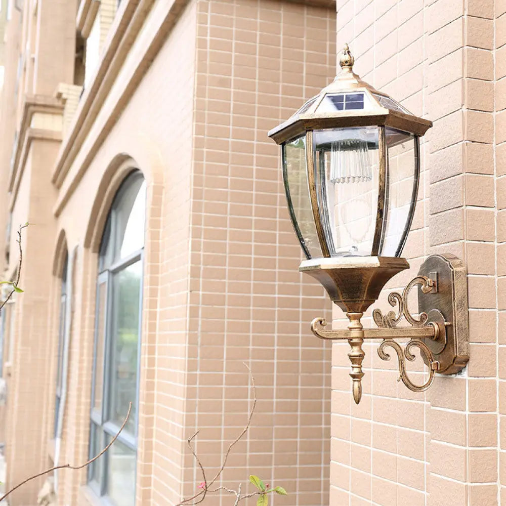 Solar Vintage House Wall Light With Metal Frame Glass Shade And Led Bulb - Outdoor Mounted Lamp