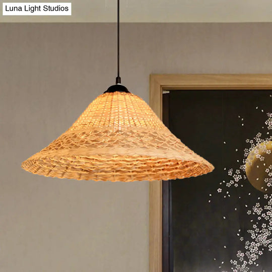 South East Asian Bamboo Pendant Lamp With Wide Flare And Brown Suspension - Includes 1 Bulb
