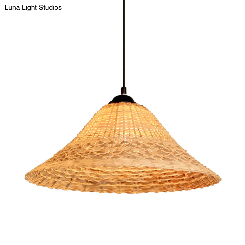 South East Asian Bamboo Pendant Lamp With Wide Flare And Brown Suspension - Includes 1 Bulb