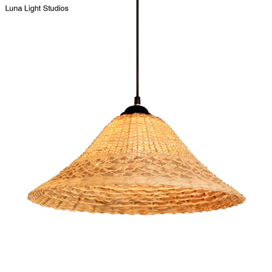 South East Asian Bamboo Pendant Lamp With Wide Flare And Brown Suspension - Includes 1 Bulb