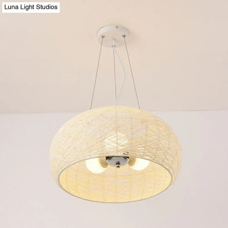 South-East Asian Rattan Curved Drum Ceiling Chandelier With 3 Heads - Lighting Fixture