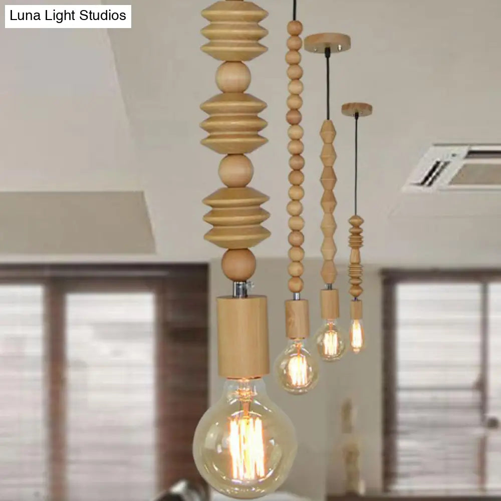 Spherical Bead Wood Hanging Lamp - Lodge Style Bedside Pendant Light With Bare Bulb 12.5’/14’ Height