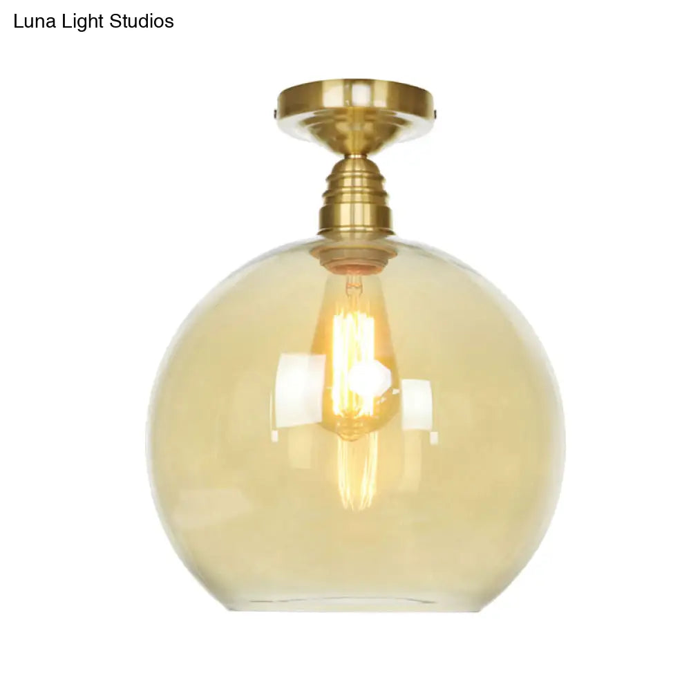 Spherical Brass Industrial Semi Flush Light: Clear/Amber Glass Ceiling Mount 8’/10’/12’ Wide