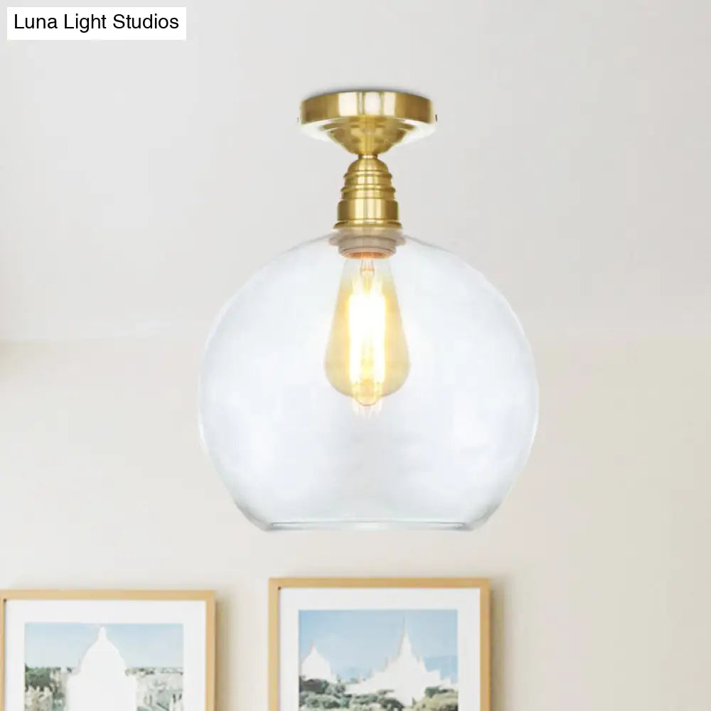 Spherical Brass Industrial Semi Flush Light: Clear/Amber Glass Ceiling Mount 8’/10’/12’ Wide
