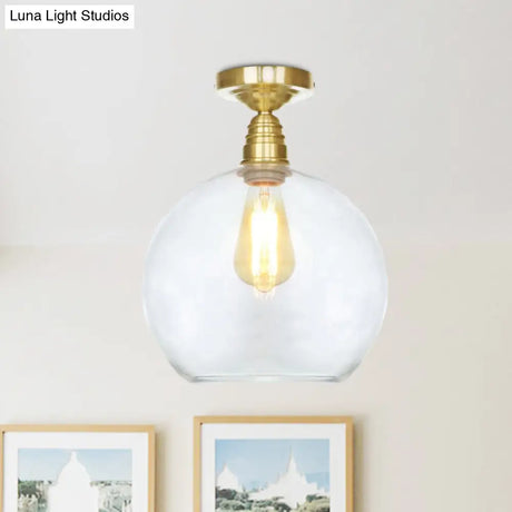 Spherical Brass Industrial Semi Flush Light: Clear/Amber Glass Ceiling Mount 8’/10’/12’ Wide