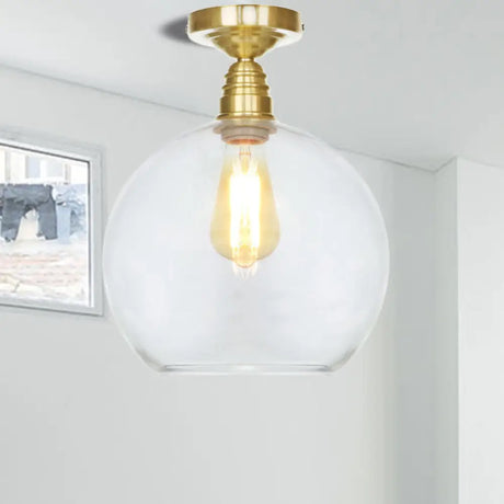 Spherical Brass Industrial Semi Flush Light: Clear/Amber Glass Ceiling Mount 8’/10’/12’ Wide