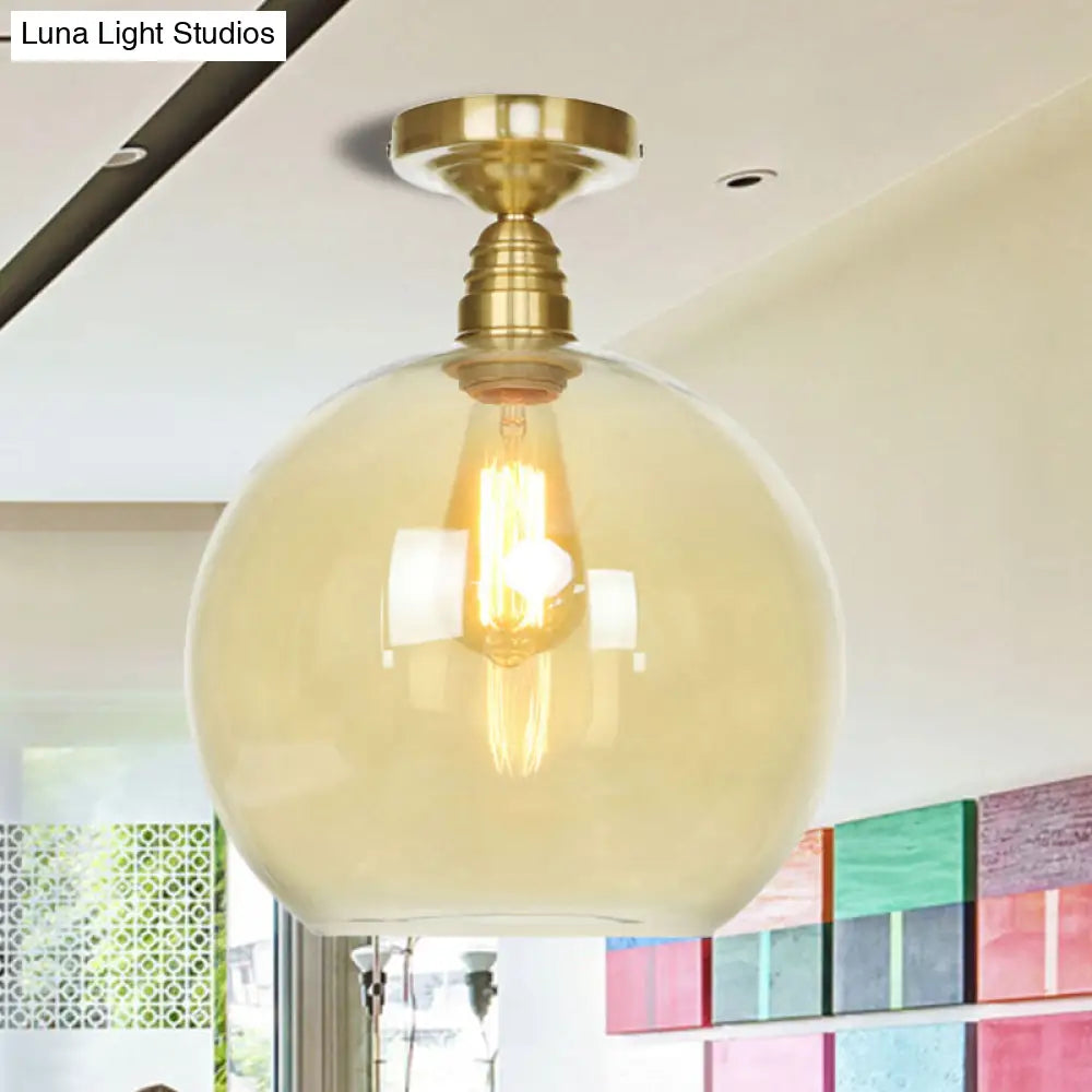 Spherical Brass Industrial Semi Flush Light: Clear/Amber Glass Ceiling Mount 8’/10’/12’ Wide