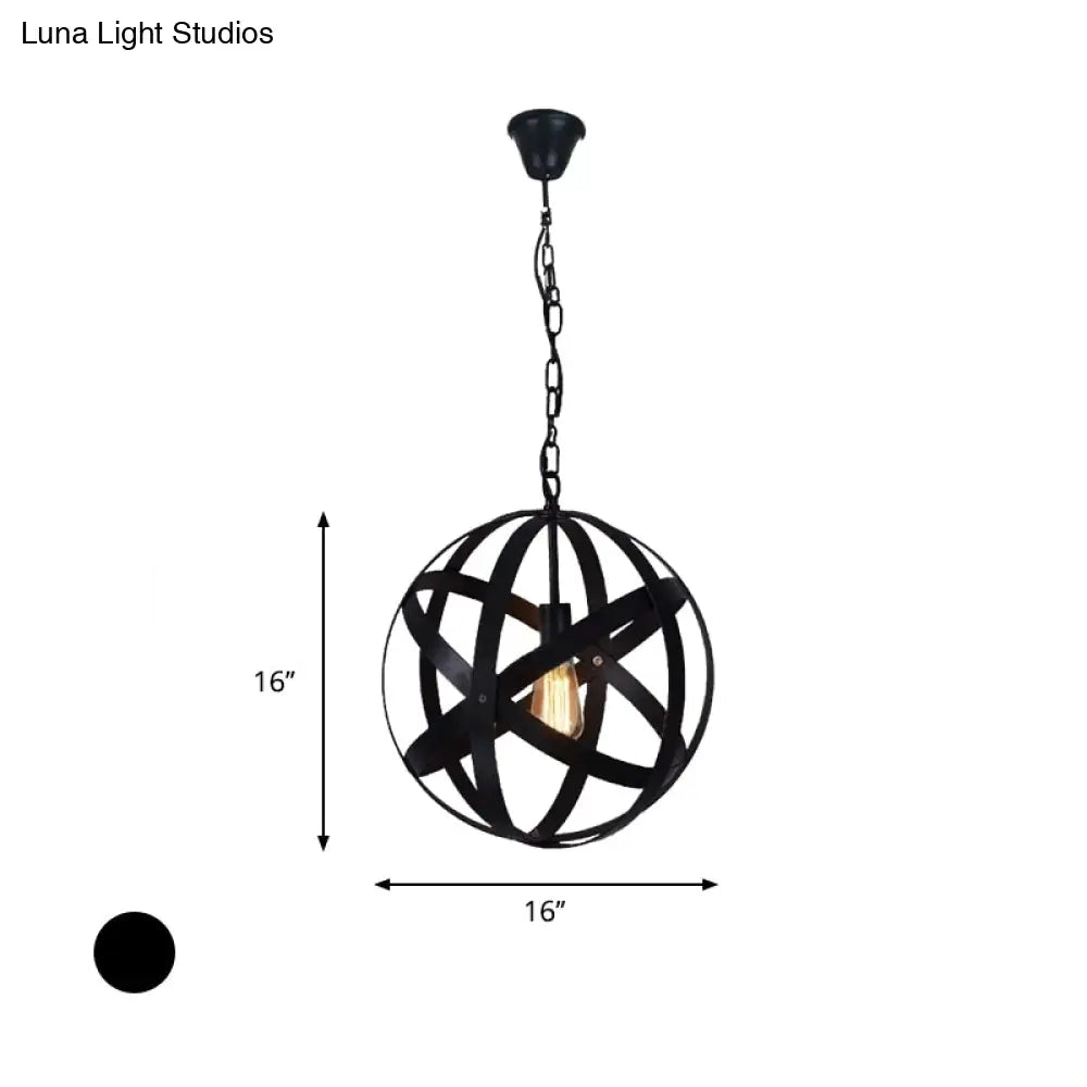 Spherical Industrial Black Metallic Pendant Lamp With Wire Guard - 1 Light Hanging Ceiling For