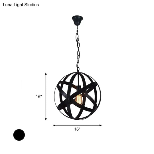 Spherical Industrial Black Metallic Pendant Lamp With Wire Guard - 1 Light Hanging Ceiling For