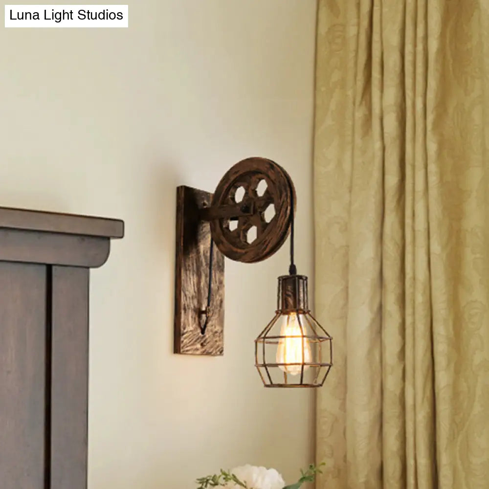 Spherical Wire Cage Wall Light Rustic Iron Bedroom Lamp With Pulley 1-Light Foyer & Mount
