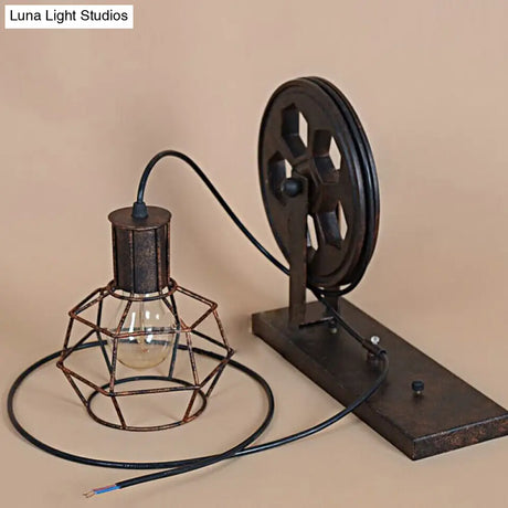 Spherical Wire Cage Wall Light Rustic Iron Bedroom Lamp With Pulley 1-Light Foyer & Mount