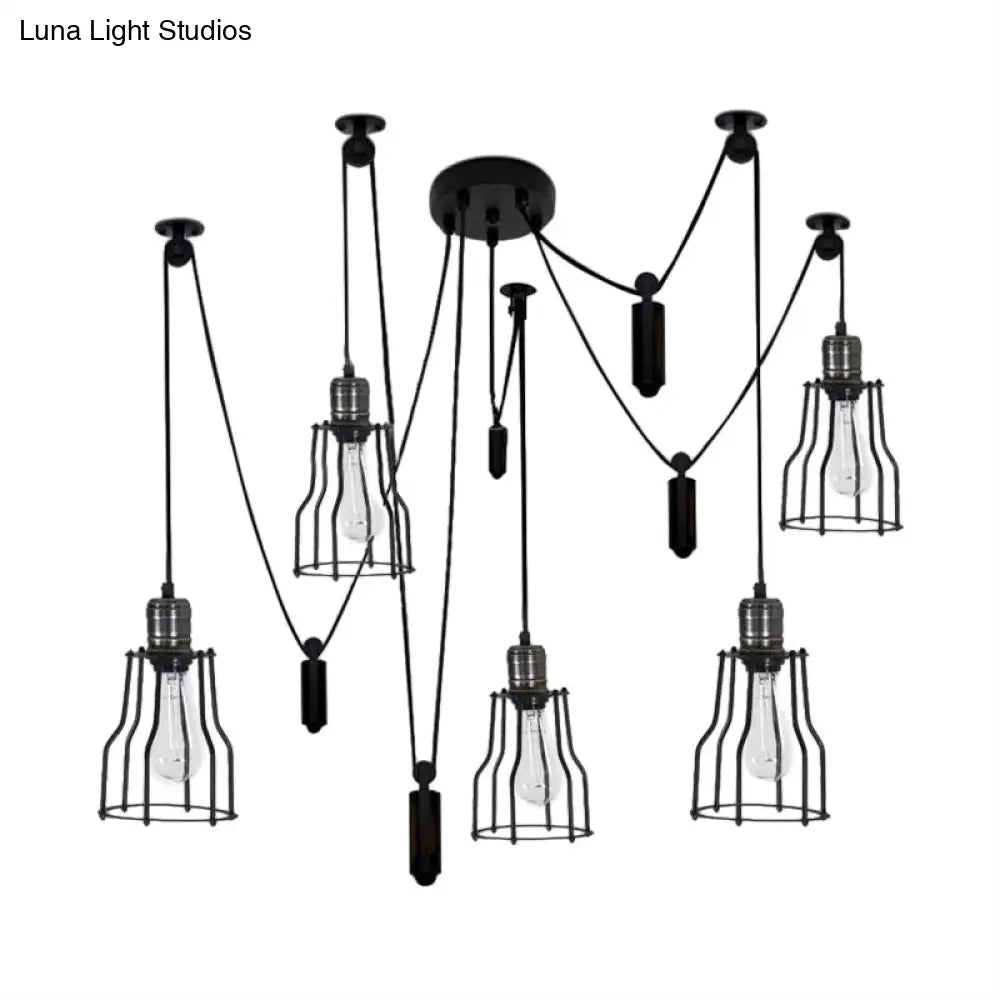 Farmhouse Style 5-Bulb Spider Pendant Light With Wire Guard Shade - Black Metal Ceiling Fixture For