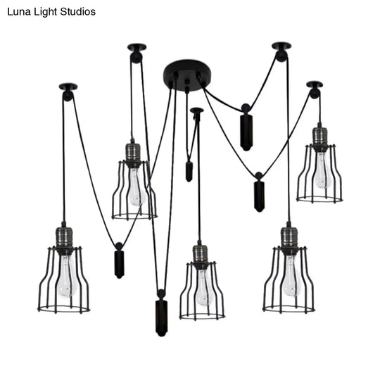 Farmhouse Style 5-Bulb Spider Pendant Light With Wire Guard Shade - Black Metal Ceiling Fixture For