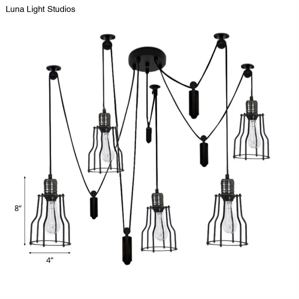 Farmhouse Style 5-Bulb Spider Pendant Light With Wire Guard Shade - Black Metal Ceiling Fixture For