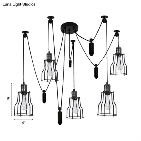 Farmhouse Style 5-Bulb Spider Pendant Light With Wire Guard Shade - Black Metal Ceiling Fixture For
