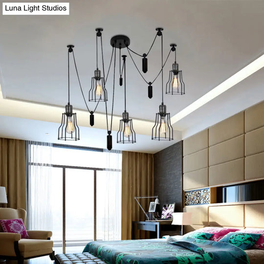 Farmhouse Style 5-Bulb Spider Pendant Light With Wire Guard Shade - Black Metal Ceiling Fixture For