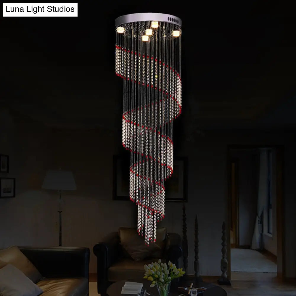 Modern Spiral Cascades Hanging Lamp - 5 Bulbs Silver Clear And Red Crystal Led Multi Light Pendant