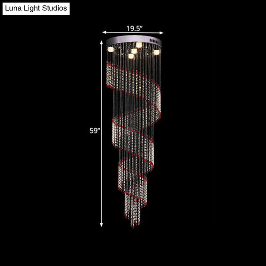 Modern Spiral Cascades Hanging Lamp - 5 Bulbs Silver Clear And Red Crystal Led Multi Light Pendant
