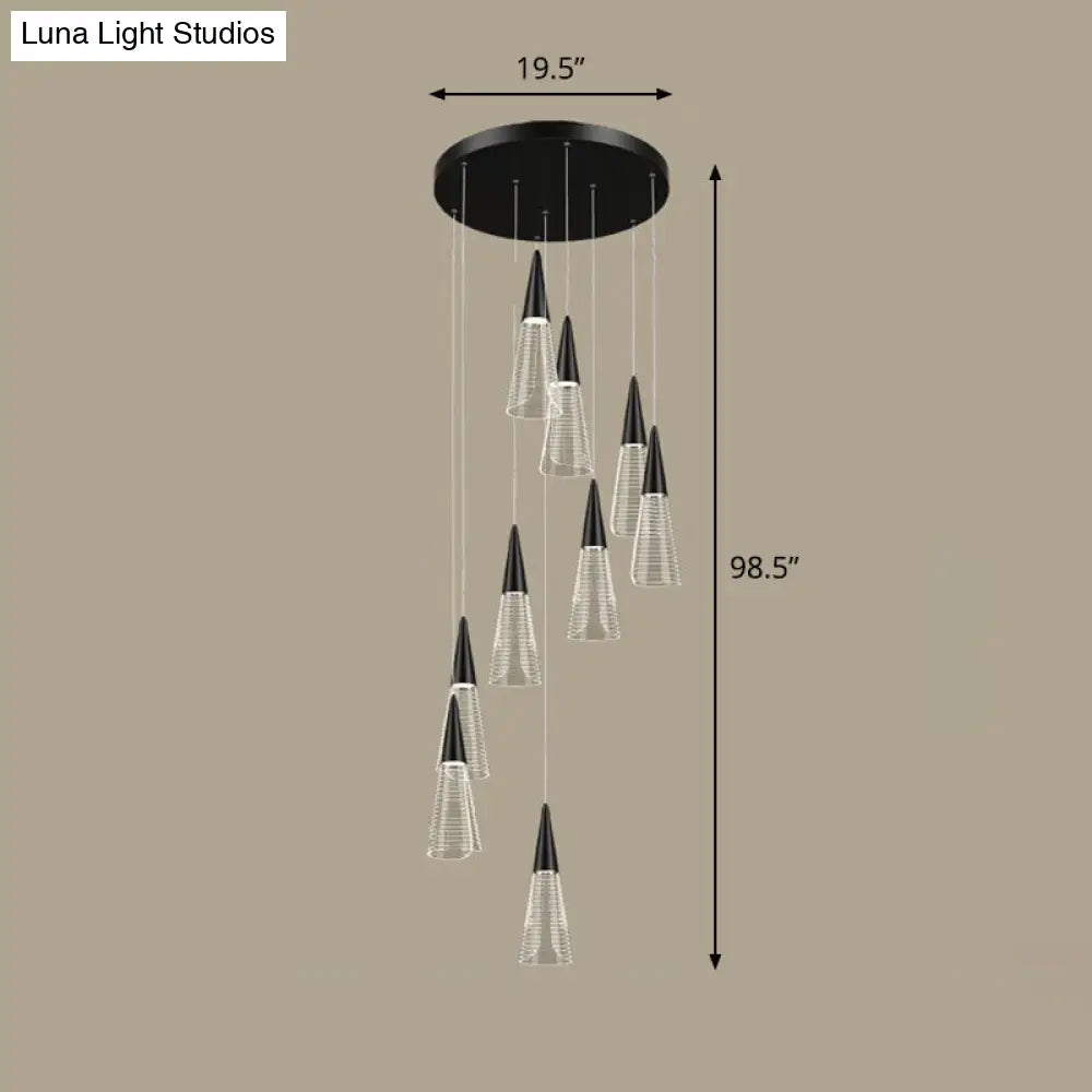 Spiral Conical Pendant Light For Modern Stairwells - Multi-Light Acrylic Hanging Fixture 9 / Black