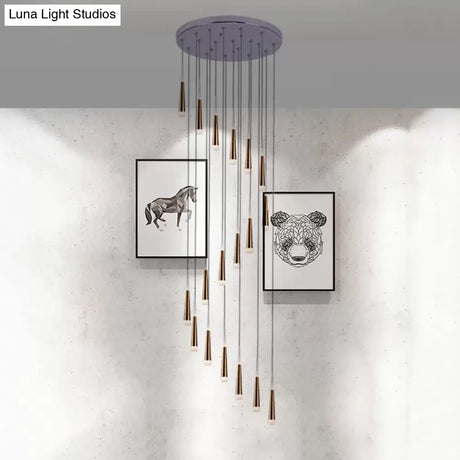 Spiral Design Gold Cone Pendant Light Fixture With 19 Minimalist Acrylic Bulbs - Stair Multi Lamp