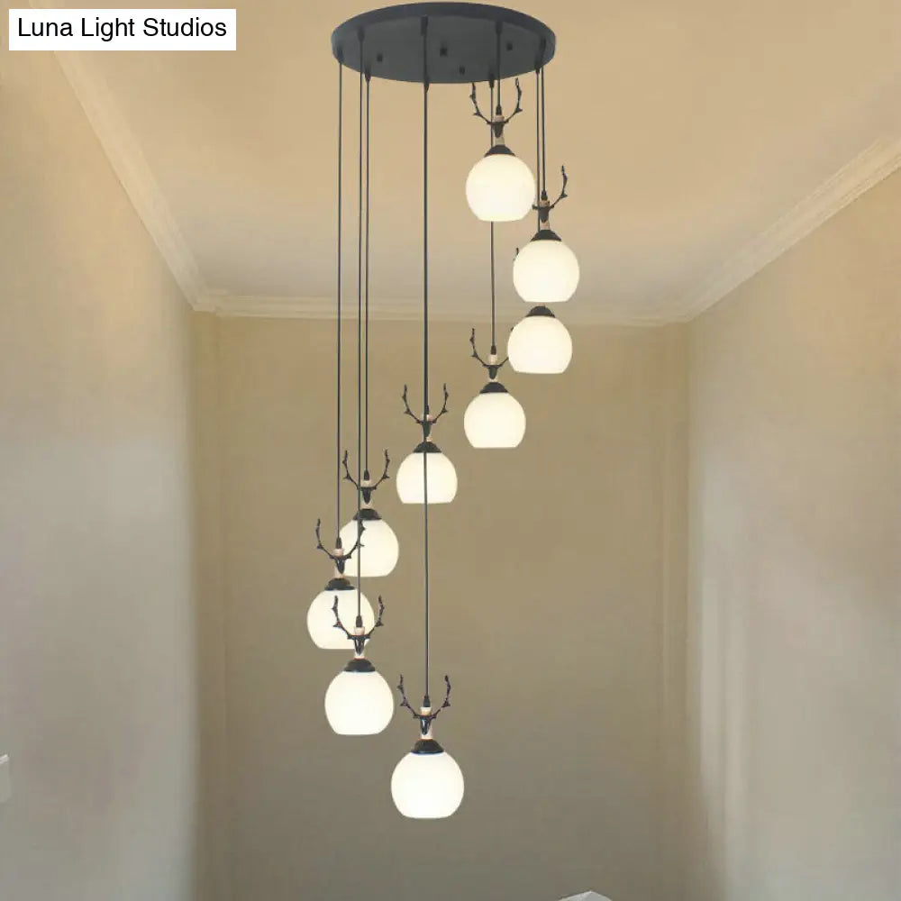 Black Milky Glass Spiral Multi Pendant Ceiling Light For Stairs 9 / White B