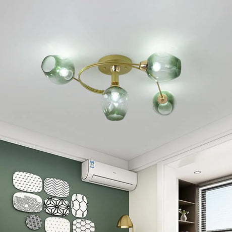 Spiral Semi Flush Mount Light - Modern Iron 4 - Head Gold Ceiling Lamp With Green Dimpled Glass