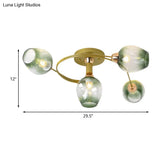 Spiral Semi Flush Mount Light - Modern Iron 4 - Head Gold Ceiling Lamp With Green Dimpled Glass