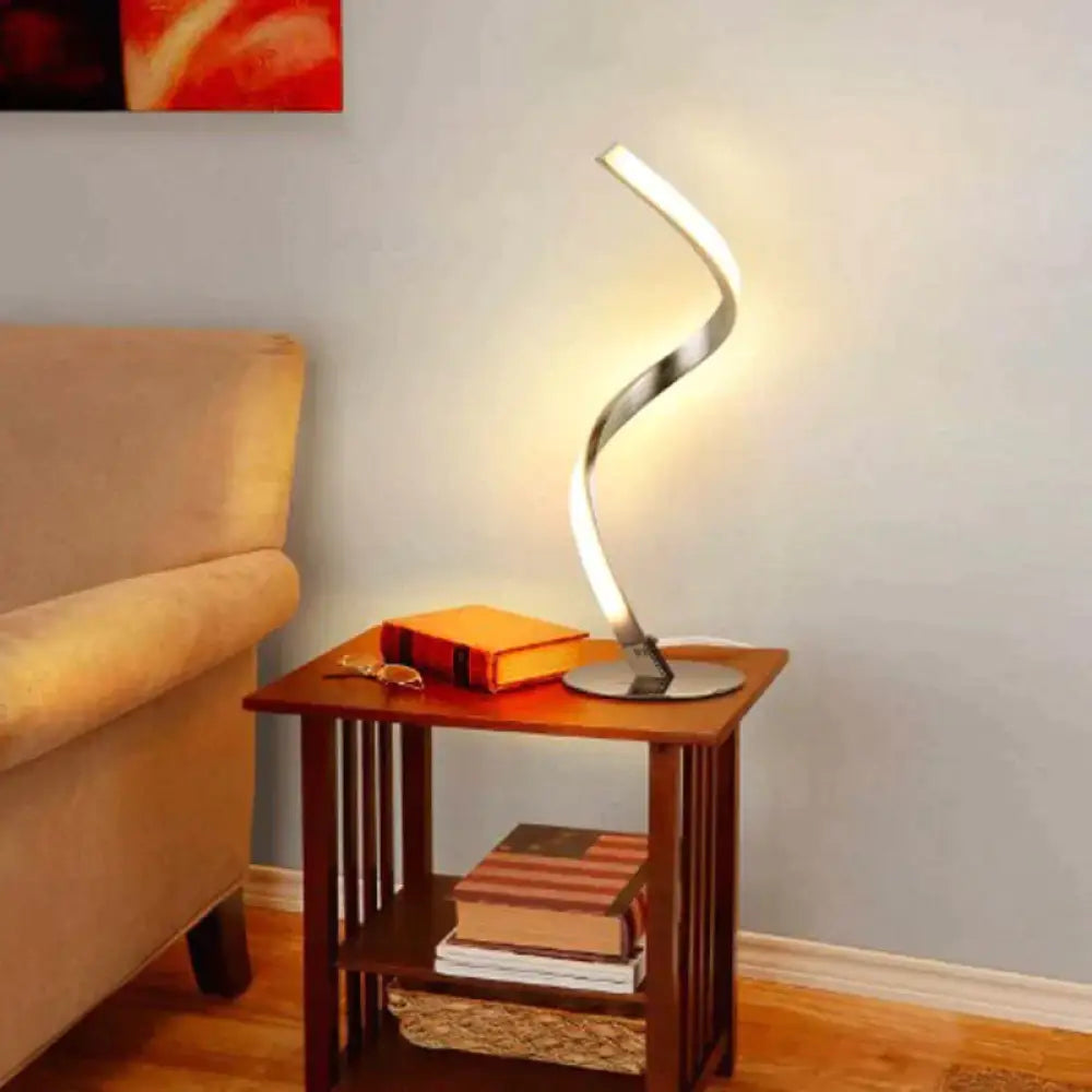 Spiral Shaped Metal Table Lighting Minimalist Single Bulb Silver Led Nightstand Lamp