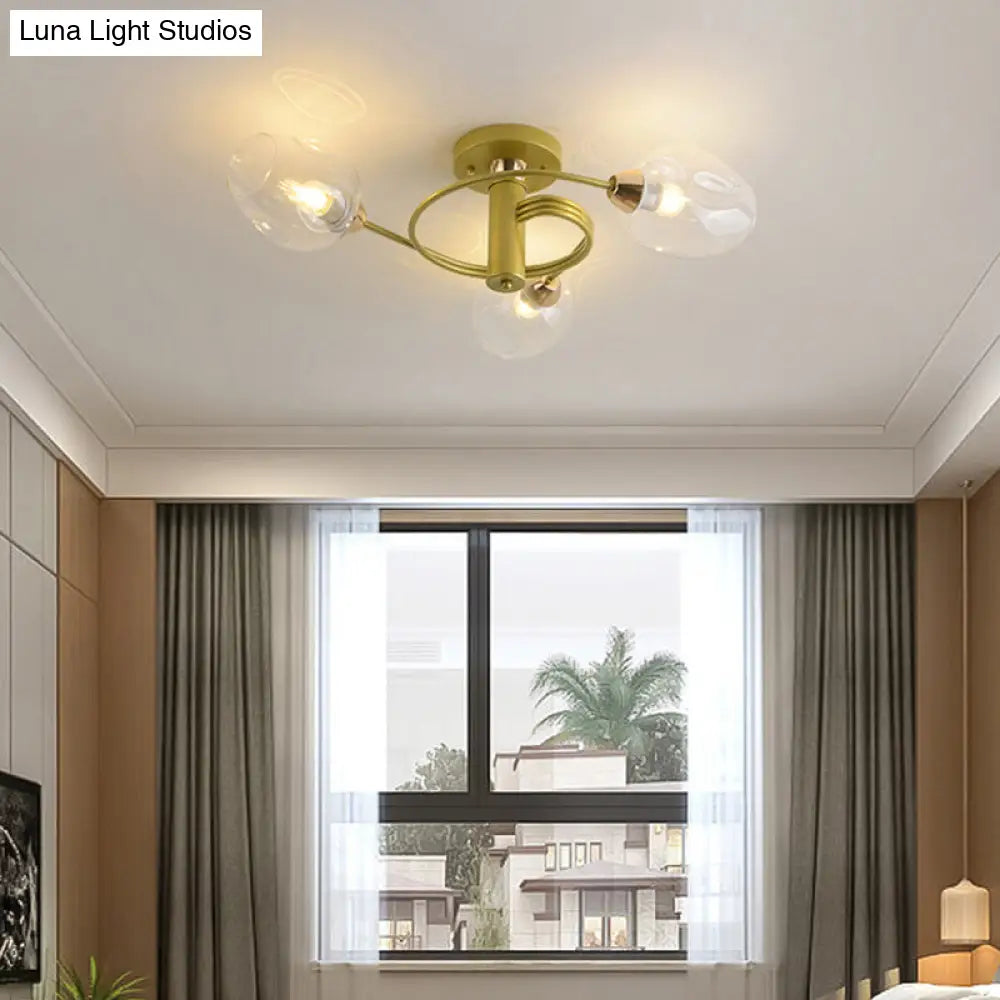 Spiraling Semi Flush Light With Dimpled Glass Shade For Postmodern Ceiling In Bedroom 3 / Gold Clear