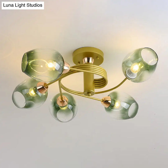 Spiraling Semi Flush Light With Dimpled Glass Shade For Postmodern Ceiling In Bedroom 5 / Gold Green
