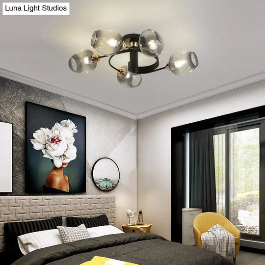 Spiraling Semi Flush Light With Dimpled Glass Shade For Postmodern Ceiling In Bedroom 5 / Black