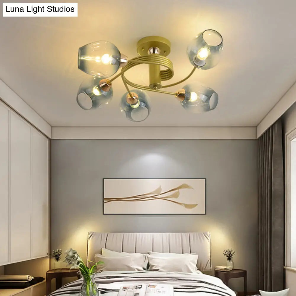Spiraling Semi Flush Light With Dimpled Glass Shade For Postmodern Ceiling In Bedroom 5 / Gold Blue