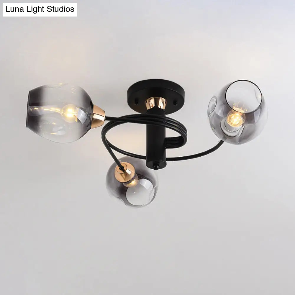 Spiraling Semi Flush Light With Dimpled Glass Shade For Postmodern Ceiling In Bedroom 3 / Black