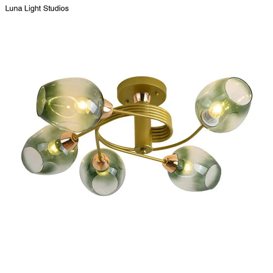 Spiraling Semi Flush Light With Dimpled Glass Shade For Postmodern Ceiling In Bedroom