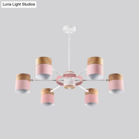 Splicing Cylinder Rotatable Chandelier: Macaron Iron 6-Head Ceiling Hanging Light In