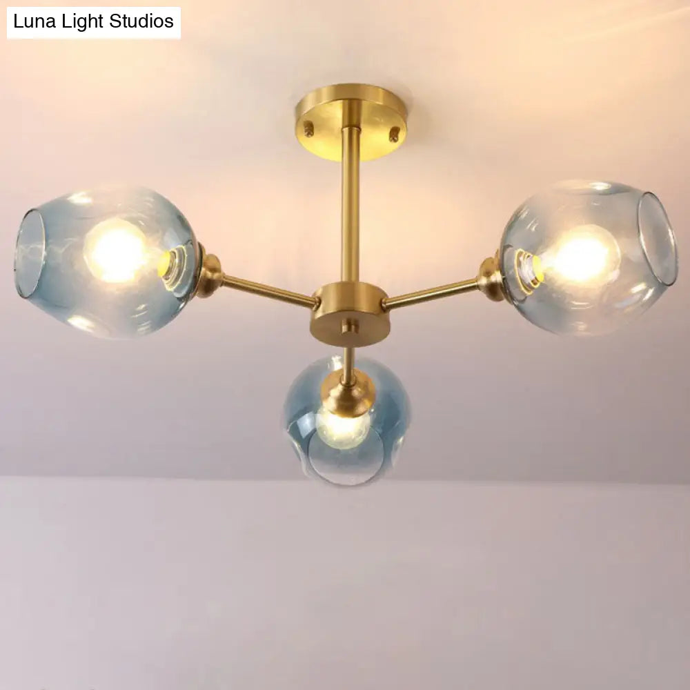 Sputnik Ceiling Mount Chandelier: Postmodern Cup Glass Parlor Flush Light In Brass 3 / Blue