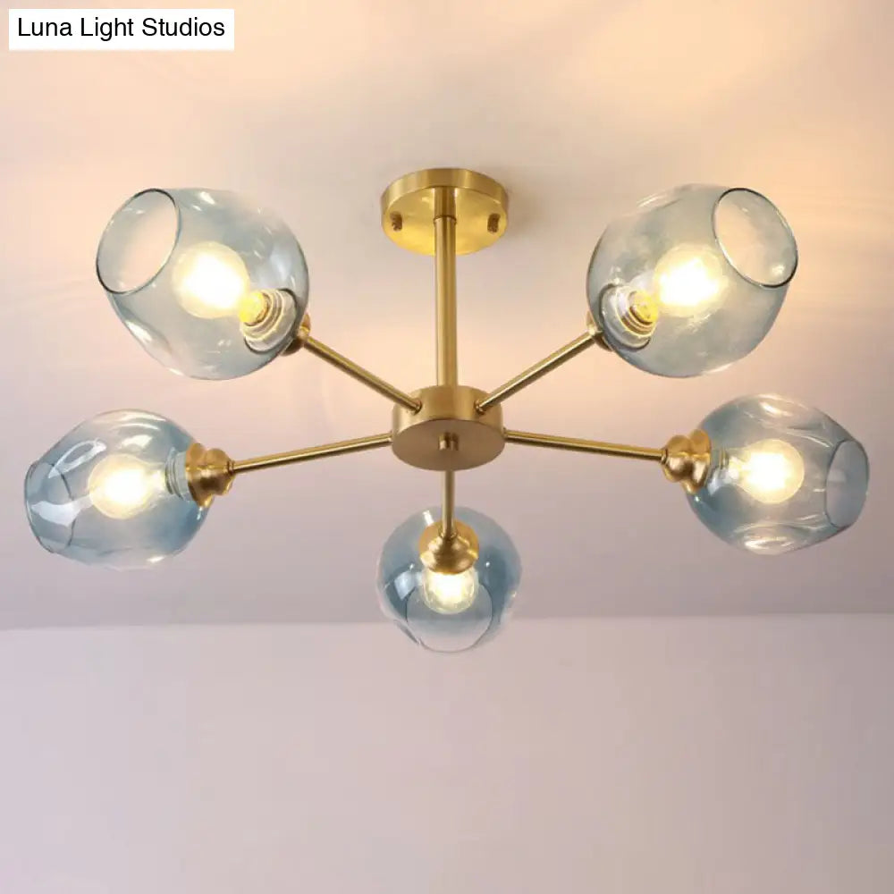 Sputnik Ceiling Mount Chandelier: Postmodern Cup Glass Parlor Flush Light In Brass 5 / Blue