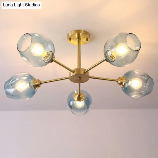 Sputnik Ceiling Mount Chandelier: Postmodern Cup Glass Parlor Flush Light In Brass 5 / Blue