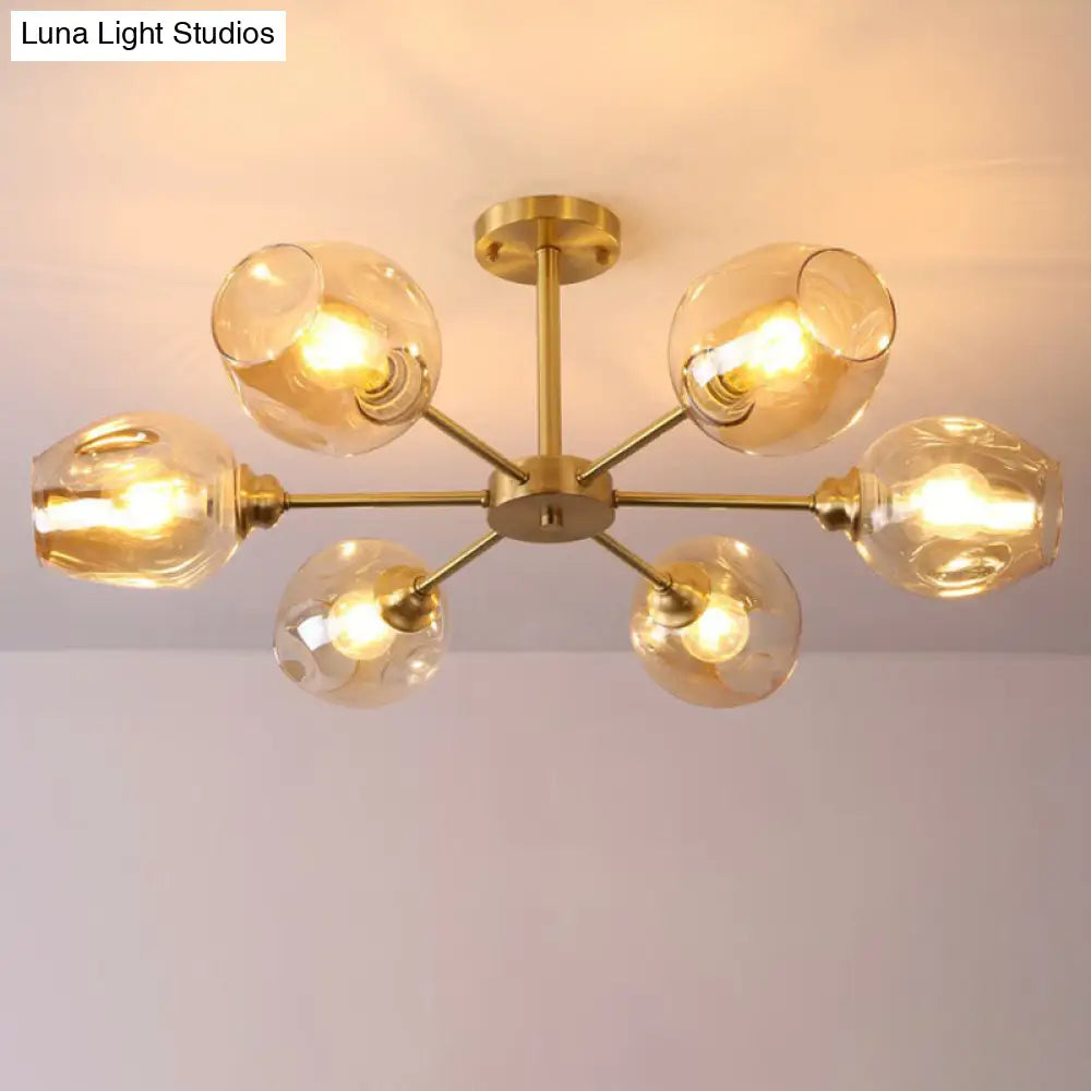 Sputnik Ceiling Mount Chandelier: Postmodern Cup Glass Parlor Flush Light In Brass 6 / Amber