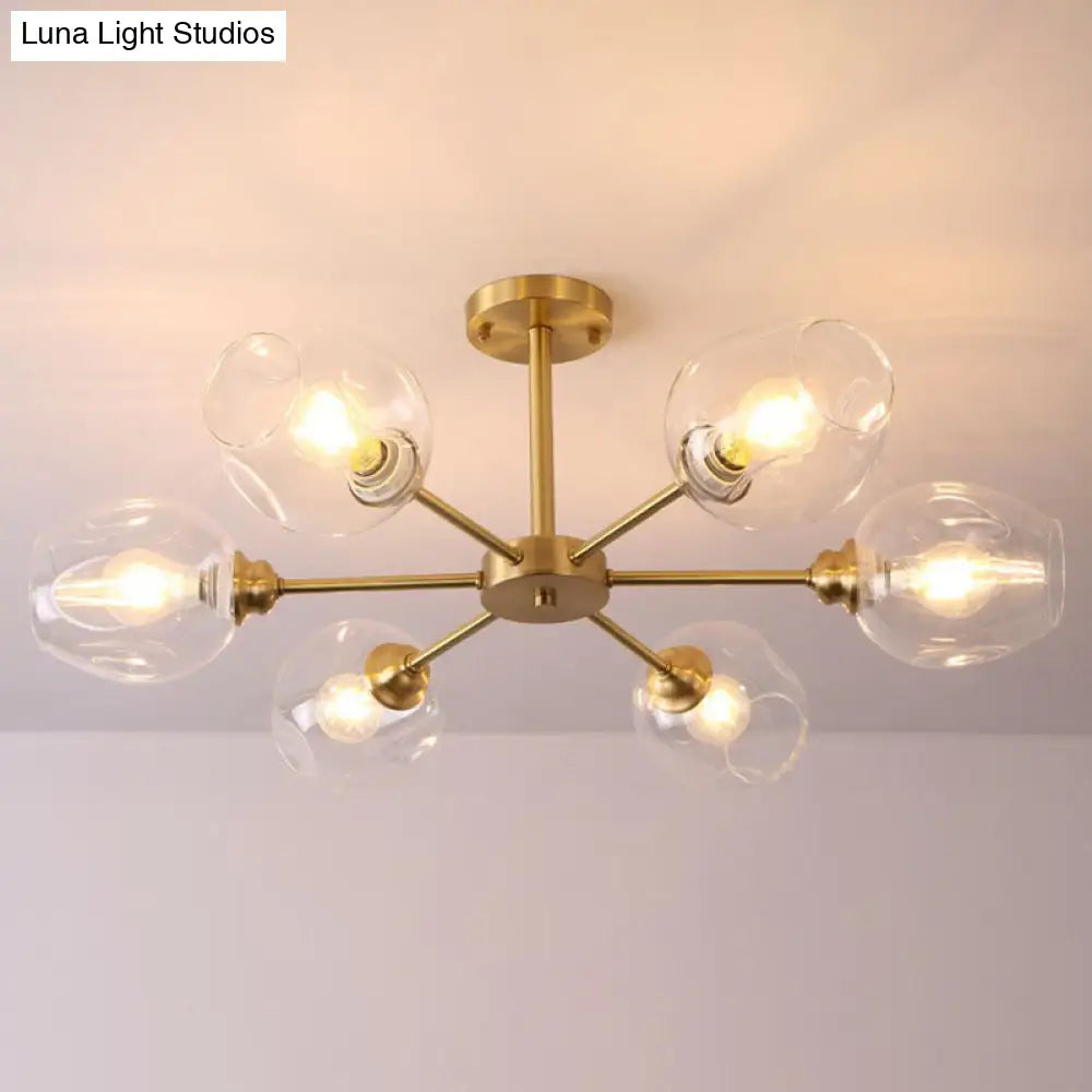 Sputnik Ceiling Mount Chandelier: Postmodern Cup Glass Parlor Flush Light In Brass 6 / Clear