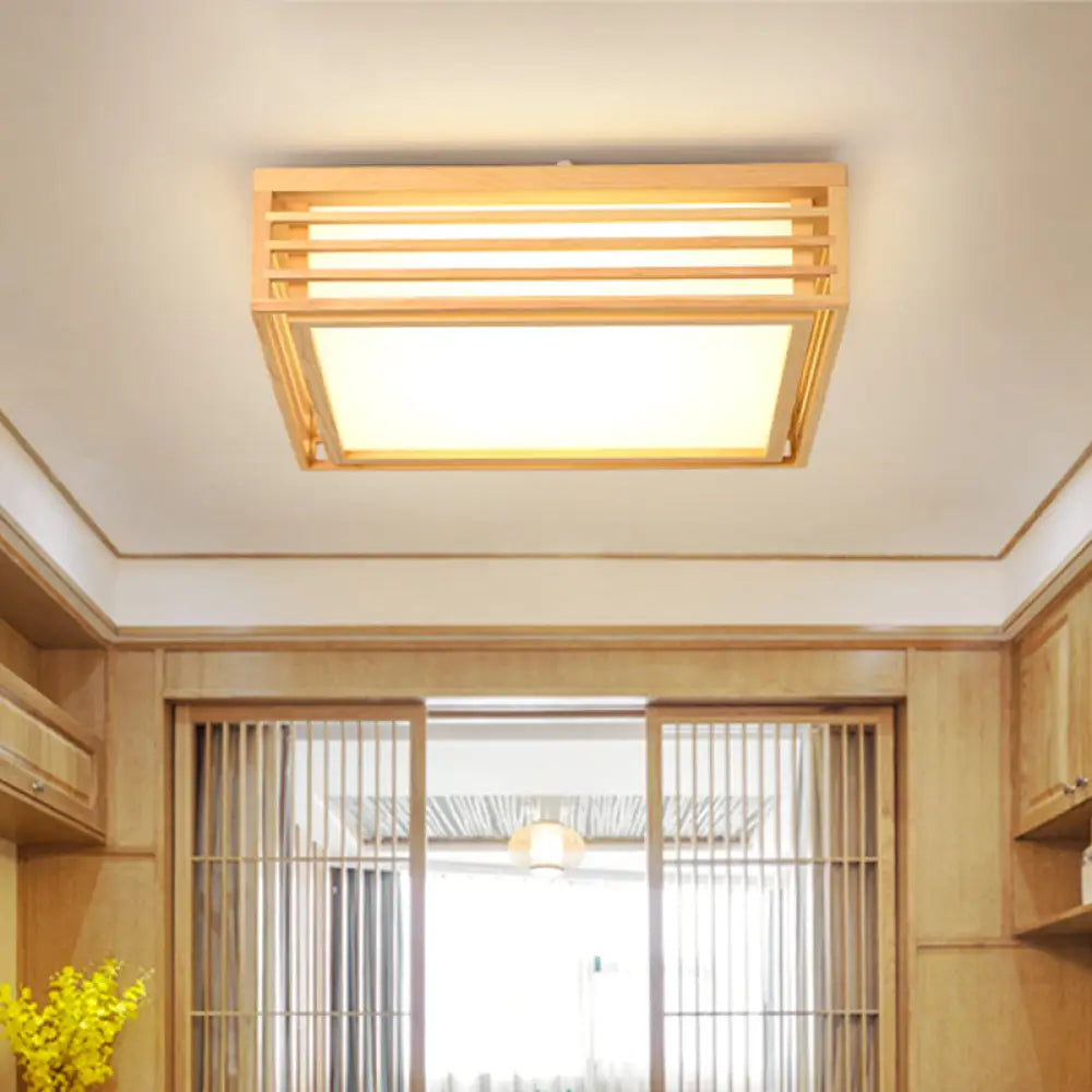 Square Acrylic Flush Ceiling Light - Asian Beige Led Fixture In Warm/White With Wood Frame