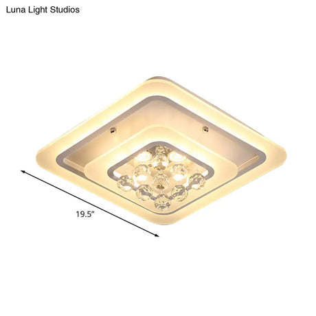 Square Crystal Led Flush Ceiling Light - 19.5’/23.5’/27.5’ Sizes Modern White Design