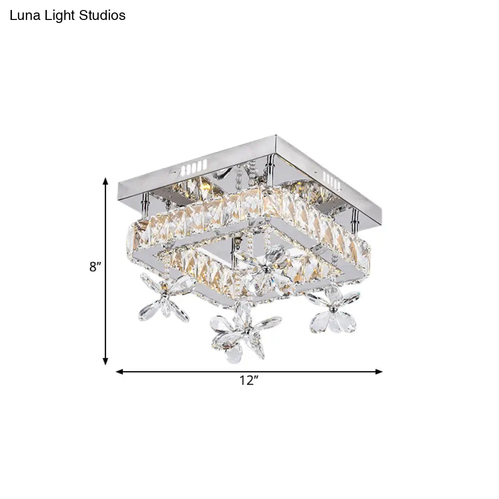 Square Crystal Led Semi Flush Mount Ceiling Fixture Beveled Design Chrome Finish - 8/12 Wide