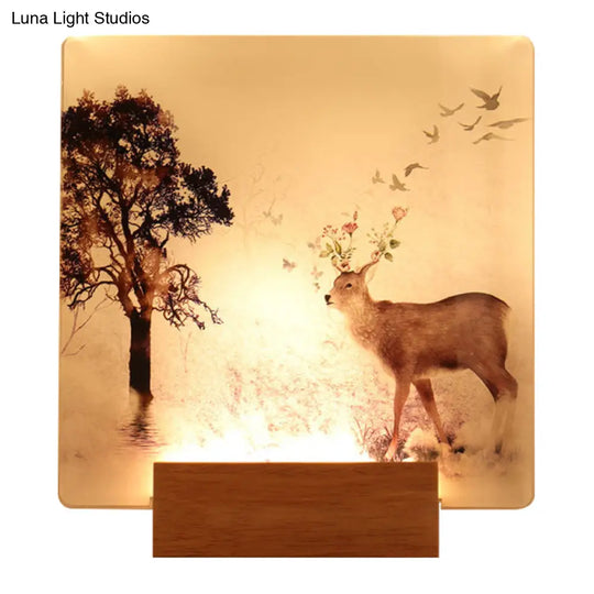 Square Wall Mounted Led Oriental Mural Light In Brown With Deer And Tree Pattern For Hallway