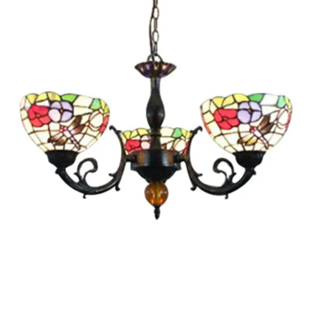 Stained Glass 3-Light Ceiling Pendant Chandelier - Retro Bowl Design With Dragonfly And Flower